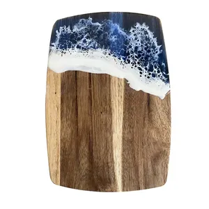 Luxury wooden resin cutting board square chopping board epoxy resin cutting board ocean wave art chopping block