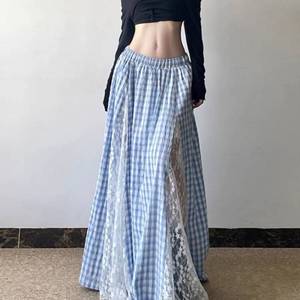 Y2K esthétique dentelle Patchwork pantalons longs femmes été taille haute Plaid droit large jambe pantalon femme coréen Chic bas - Product Image 2