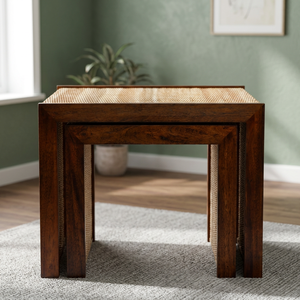 Table basse en bois de style mid-century modern avec plateau en rotin, meubles de salon faits à la main - Product Image 4