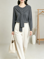 Cardigan en tricot anti-rides pour femme automne-hiver, élégant avec col écharpe, manches bouffantes, boutonnage, en Spandex/Polyester