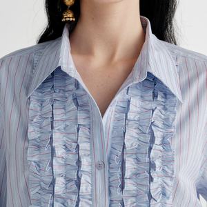 Blusa de Lino y Gasa Transpirable para Mujer, Diseño OEM Personalizado, Manga Larga, Volantes Dulces, Cierre de un Solo Botón, Color Sólido, Tejido de Verano - Product Image 3