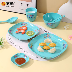 Wuhe Five-piece Melamine Tableware Set Floral Design Rectangular Plates Bowls Cups Household Dinnerware Daily Use - Product Image 1