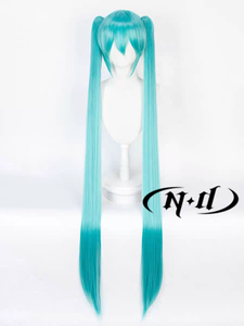 วิกผมคอสเพลย์ <span class=keywords><strong>Miku</strong></span> สำหรับงานปาร์ตี้ชุดอะนิเมะหางยาวตรงหางคู่หมวกไฟเบอร์สังเคราะห์ปรับได้สีฟ้า - Product Image 3