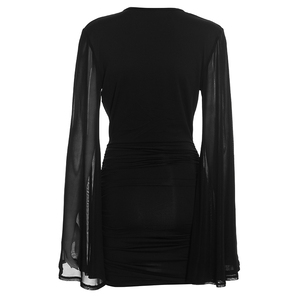 Robe moulante plissée mini à manches longues en maille, col en V profond, couleur unie, sexy, nouvelle collection Viviblook Q26DS206 pour femmes - Product Image 5