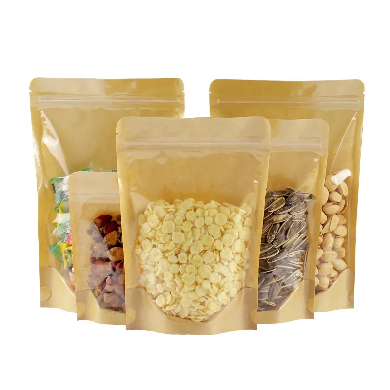 Wholesale Eco Friendly Food Grade Packaging Tea Coffee Baking Snack Dry Fruit Stand Up Ziplock Clear Kraft Paper Bag