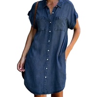 Gaun Kemeja Denim Wanita Model Terbaru S-5XL Kerah Kancing Lengan Pendek Warna Solid Gaya Eropa Kasual Panjang Midi