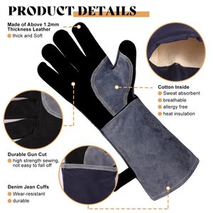 Gants en cuir noirs résistants à la chaleur extrême de 16 pouces pour barbecue, feu de cheminée, camping et extérieur, en aluminium - Product Image 2
