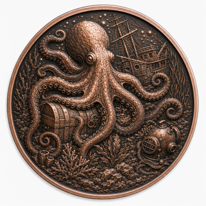 Monedas de Cobre de Alto Relieve de 5 oz, 99.9% Cobre Puro, Moneda Redonda con Diseño de Naufragio de Pulpo, Impresión UV Colorida - Product Image 1