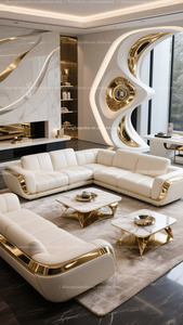 Sofá Seccional de esquina Sofá <span class=keywords><strong>en</strong></span> forma de 7 Sofá <span class=keywords><strong>en</strong></span> forma de <span class=keywords><strong>L</strong></span> blanco y dorado conjunto de sofás blanco con dorado - Product Image 5