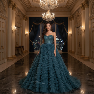 Robes de soirée de luxe bleues perlées, style robe de bal, sans bretelles, à volants, pour jeunes filles, pour fêtes d'anniversaire Hx155 Jancember - Product Image 1