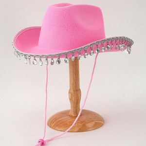 Sombrero de Vaquera Rosa al Estilo Occidental con Borlas de Diamantes y Pedrería para Fiesta, Venta al por Mayor - Product Image 3