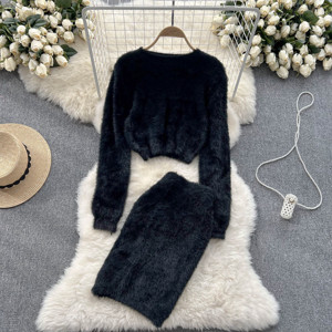 Conjunto de Dos Piezas para Mujer, Conjunto de Suéter Corto y Falda de Cintura Alta, Estilo Informal - Product Image 4