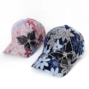 Topi bisbol kupu-kupu bunga renda wanita, penutup kepala perjalanan luar ruangan, topi matahari kasual manis musim panas dan semi