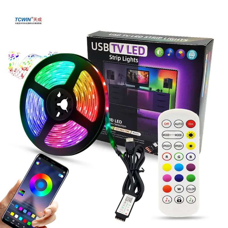 Faixa de luz LED RGB inteligente, luz de fundo da TV, com controle remoto, plugue USB, sincronização de música, 5050, 5V, IR, 24key, decoração de férias