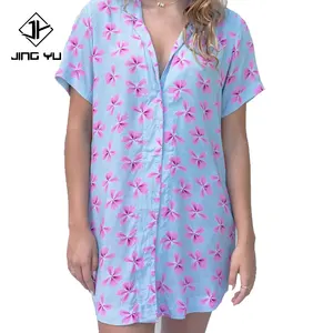 2024 הוואי ללבוש הדפסה מותאמת אישית רayon מקרית עגול תחתית קיץ שמלת חולצת טי נשים שמלת כפתור למטה