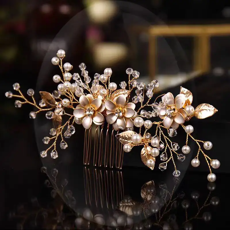 Pente de cristal de pérola dourado nobre e elegante feito à mão para cabelo de noiva acessórios para cabelo feminino
