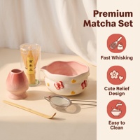 Ensemble de thé Matcha 3D en gros, 4/5 pièces, fait main, avec bol, support, cuillère, fouet en bambou, kit d'outils, céramique japonaise motif papillon