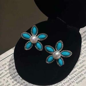 New Spring/Summer Trendy <strong>Stud</strong> <strong>Earrings</strong> Fresh <strong>Blue</strong> Turquoise Freshwater Pearl Platinum Plated Small Flower Design for Women's - Product Image 5