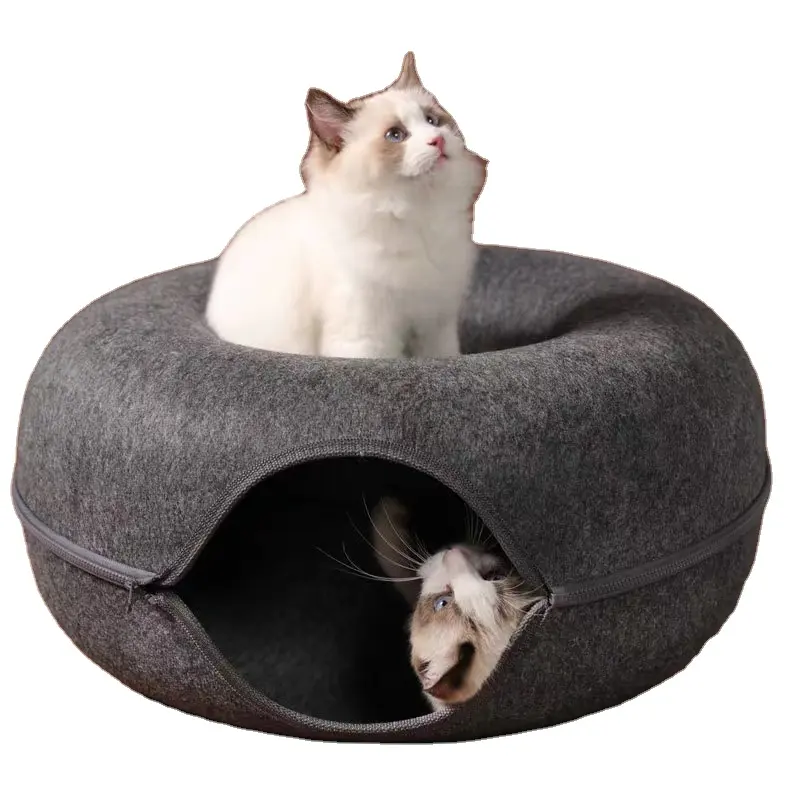 Nuevo fabricante caliente al por mayor de lujo creativo de dos pisos Donuts forma fieltro redondo túnel mascota gato cama casa para jugar