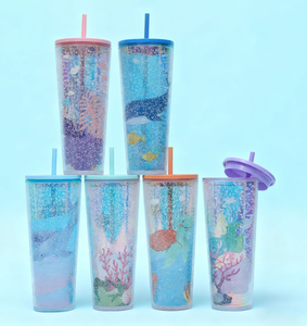 2026 Luxury Plastic Tumbler with Straw Wholesale Custom Logo Double Wall Glitter Ocean Pattern Water <b>Bottle</b> Kids Cup Factory - Product Image 3