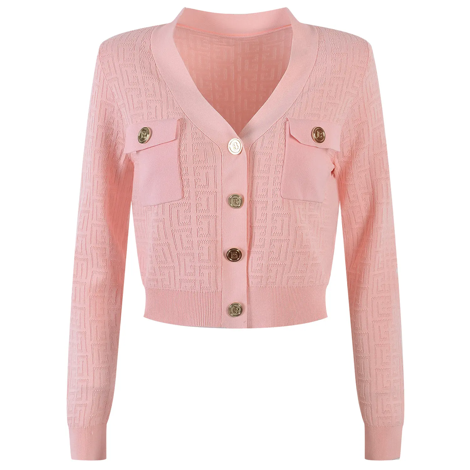 2022 New Autumn Sweet Style Short Length V-neck Slim Geometrical Pattern Knitted Cardigan Sweater