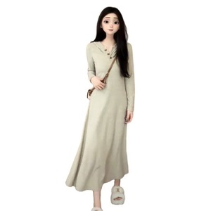Wheat-colored Long Sleeve V-neck Sweater Dress Natural Waist Solid Color Autumn Winter Women's Inner Layer Dress - Product Image 5