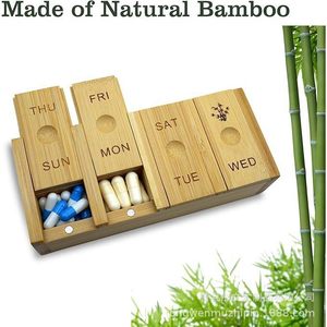 <b>Bamboo</b> Weekly Pill Organizer Rectangular Magnetic Closure Portable <b>Container</b> For Vitamin Storage - Product Image 3