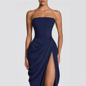 Robe de soirée femme style français, luxe léger, sans bretelles, nouvelle collection printemps-été, taille plissée, fendue asymétrique, longueur ras du sol - Product Image 4