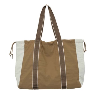 Solid Color <b>Canvas</b> Tote <b>Bag</b> <b>Drawstring</b> Closure Minimalist Design All Seasons Travel Use Gray and Beige - Product Image 3