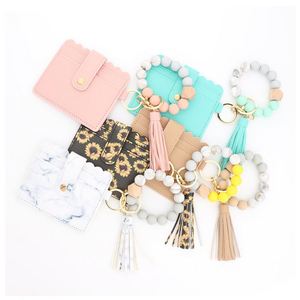 Wholesale Silicone Bead Pu Leather Key Chain Wristlet Id Credit Card <b>Holder</b> Keychain <b>Wallet</b> for Women With Bangle Bracelet - Product Image 5