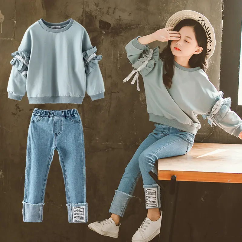 Maglioni per bambini manica a fiori primavera ragazze moda gamba apertura grandi ragazze jeans 2 pezzi autunno ragazze boutique set di abbigliamento