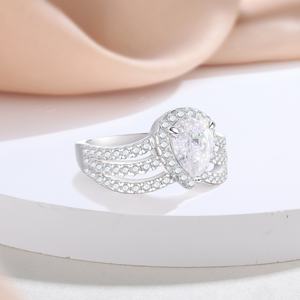 Bague de fiançailles et de mariage pour femme en argent sterling 925 plaqué rhodium avec zircon cubique taille poire et motif étoile, certifiée CMA - Product Image 2