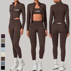 Conjunto de Yoga de 3 Piezas para Mujer, Traje Deportivo de Manga Larga, Ropa Deportiva con Costuras, Transpirable y Ecológica para Correr y Gimnasio, Color Sólido - Product Image 1