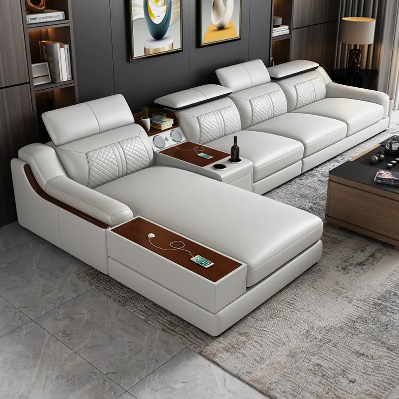 Italiaanse Moderne Multifunctionele Sofa Light Luxe Lederen Sectionele Sofa Bank Met Usb Opladen En Bluetooth Speaker