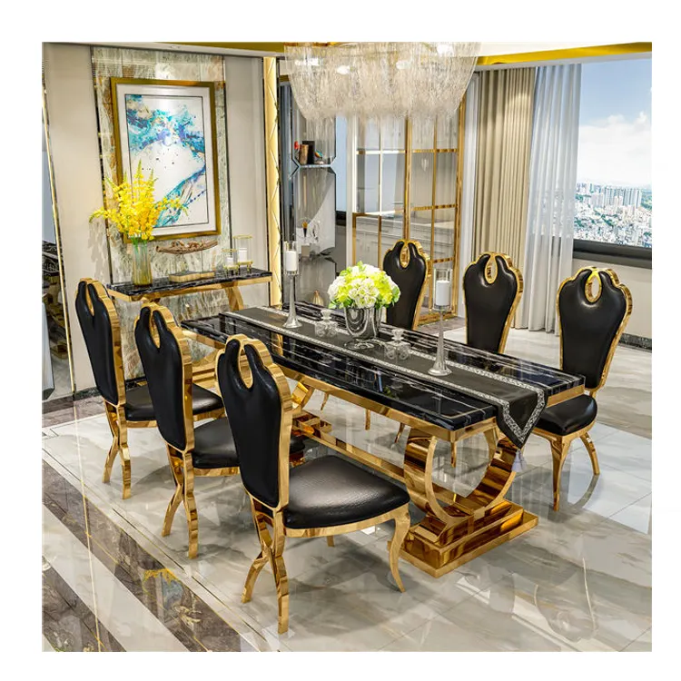 Table à manger et chaise en marbre, modèle de luxe, Style européen, Rectangle, moderne, ensemble de Table