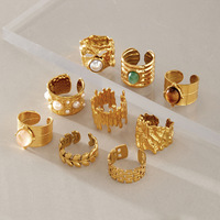Eleganter Verstellbarer Edelstahl-Perlenring Natürlicher Tigerauge-Stein Gehämmerte Oberfläche 18k Vakuum-Gold Breiter Ring für Damen Europäischer Stil