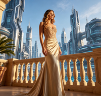 Robe de soirée longue sirène en satin de luxe pour femme, avec appliques et perles, corset, fente latérale et traîne, idéale pour gala, mariage ou bal de promo