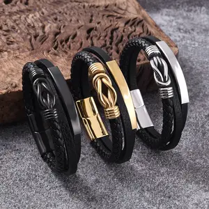Handmade Genuine Leather Bracelet Multi Layer Braided Hand Jewelry for Men with Stainless Steel Custom Laser Logo Clasp