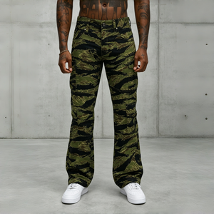 Fashionable Slim Fit Men <b>Flare</b> Denim Pants Retro Tiger Stripe Camo Printed Bootcut <b>Jeans</b> for Street Punk Hip Hop Outdoor Daily - Product Image 1