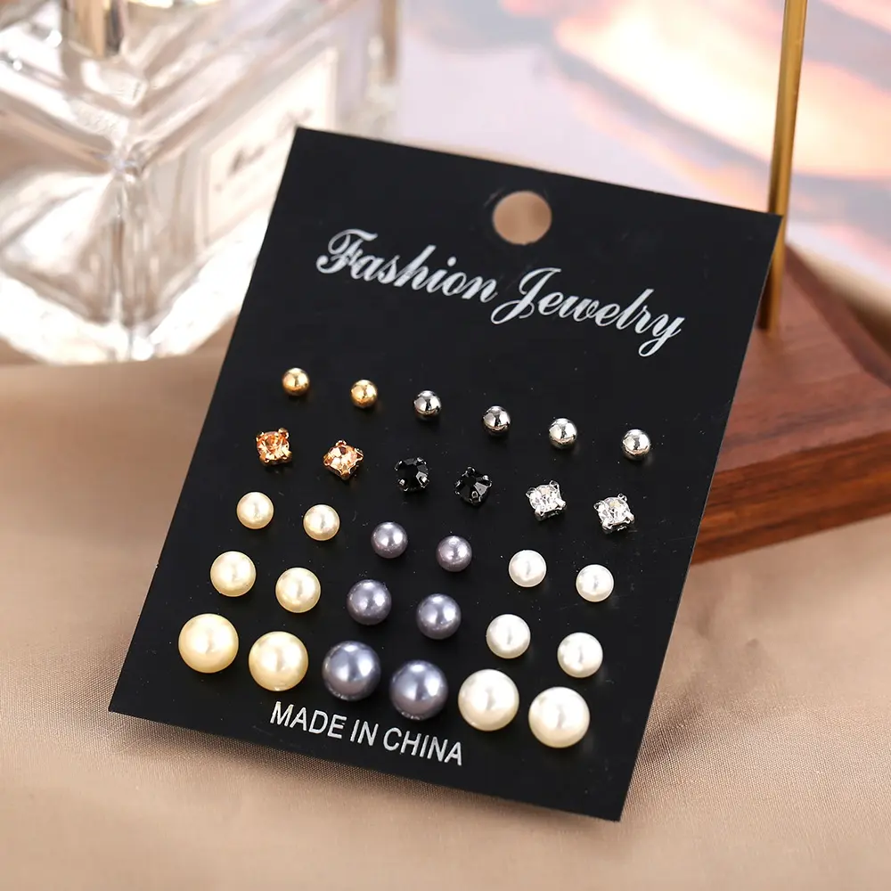 Ensemble de bijoux de perles en Zircon, trois couleurs, Imitation perles rondes, très tendance, simples, avec 15 paires, KAE114