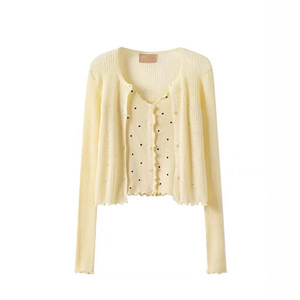 Conjunto de cárdigan de punto para mujer, suéter fino de manga larga con lunares amarillos, top de verano de dos piezas - Product Image 1