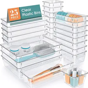 25 PCS Clear Plastic Drawer Organizer Set Desk Organizers and Storage Bins for Makeup Jewelry Gadgets