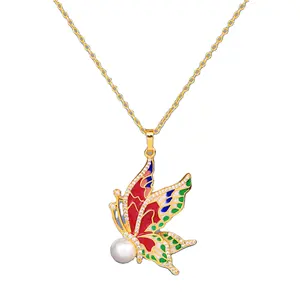 Fashion Jewelry KYNL0420 New Handmade Red Enamel Butterfly Shape Inlaid Pearl Enamel Necklace Jewelry For Women