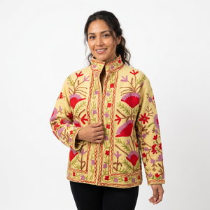 Chaqueta Blazer Acolchada Sujani de Algodón Khadi Satinado, Abrigo de Otoño Invierno con Adornos de Lentejuelas y Perlas, Doble Botonadura, Secado Rápido - Product Image 2