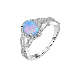 Popular Australian Cornflower Blue Opal Twisted Halo Rings White Fire Opal & Cubic Zirconia Ring