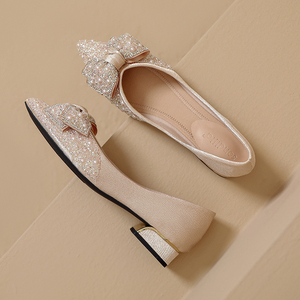 Scarpe da Sposa alla Moda per Donna con Diamanti e Fiocco, Suola Morbida e Tacco Quadrato, Adatte per Primavera e Autunno - Product Image 2