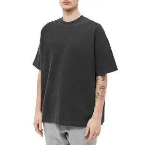 LOGO personnalisé T-shirt vintage gaufré à col ras du cou côtelé et à épaules tombantes en coton épais surdimensionné pour hommes