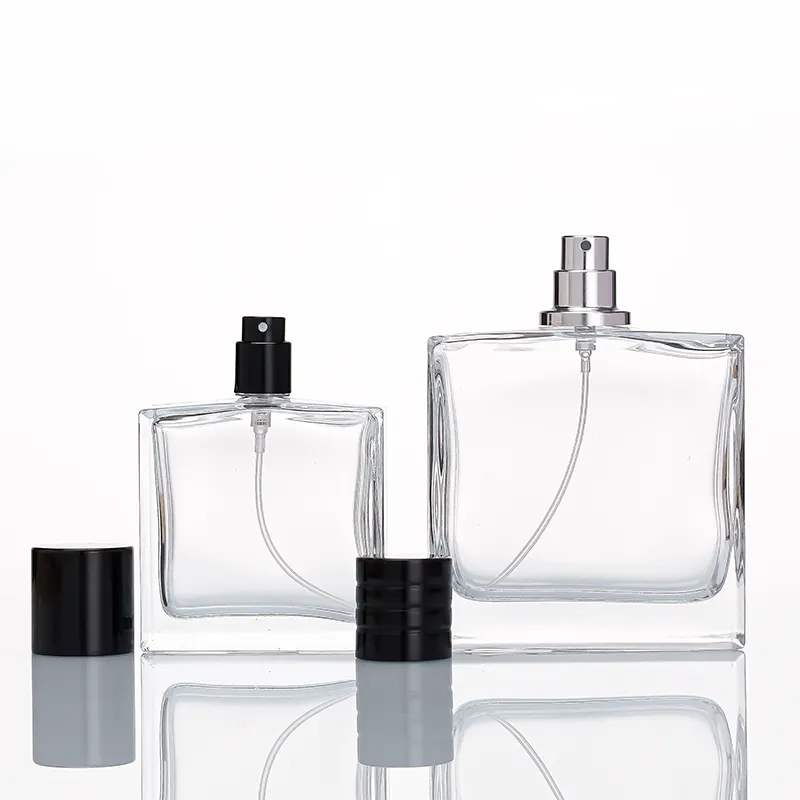 Empty 50ml 100ml Glass Perfume Bottle Packaging Square Transparent Glass with Crimp Spray