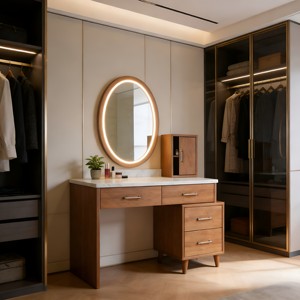 Coiffeuse moderne en noyer avec panneau en aluminium, 6 tiroirs pour rangement domestique, meuble de projet en bois - Product Image 1