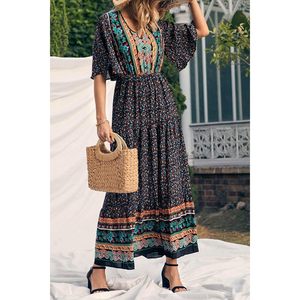 Women's Casual Summer Boho Floral Print V Neck Short Sleeve High Waist Long <b>Maxi</b> Dress Loose Woven Breathable Beach Wear - Product Image 5
